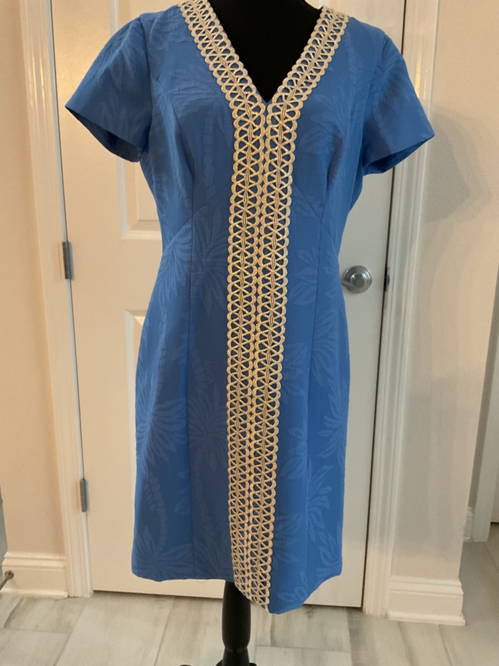 Lilly Pulitzer Blue Satin Dress with gold trim.